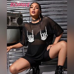 SHEIN mesh sheer see black rock on skeleton hands shirt